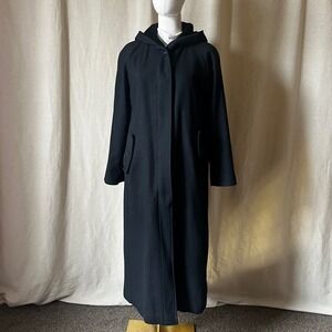 Vintage Andrea Marin Black Hooded Wool Long Coat Size 6P Petite Minimalist